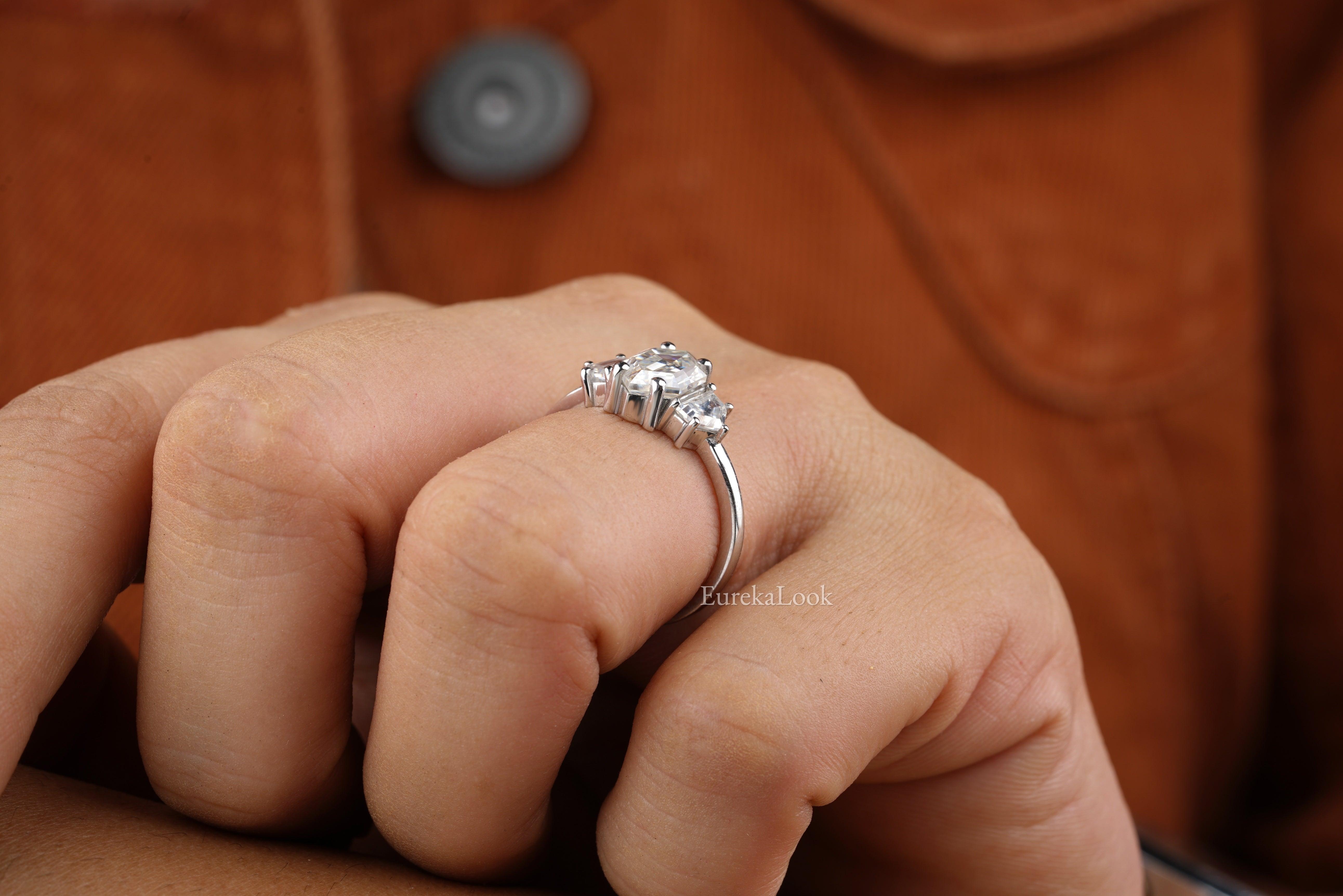 Three Stone Hexagon Cut Moissanite Engagement Ring - Eurekalook