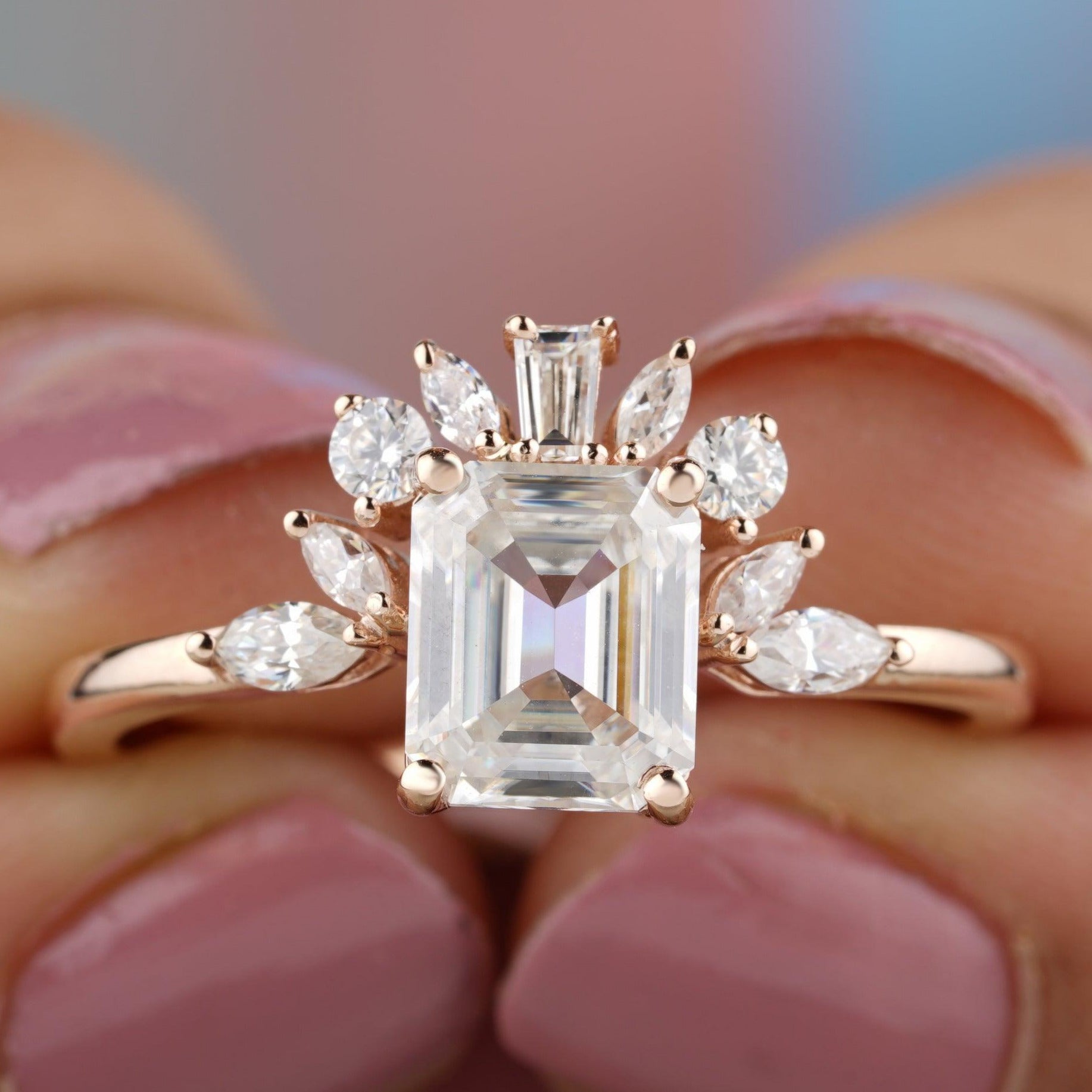 Antique Emerald Cut Cluster Moissanite Engagement Ring - Eurekalook