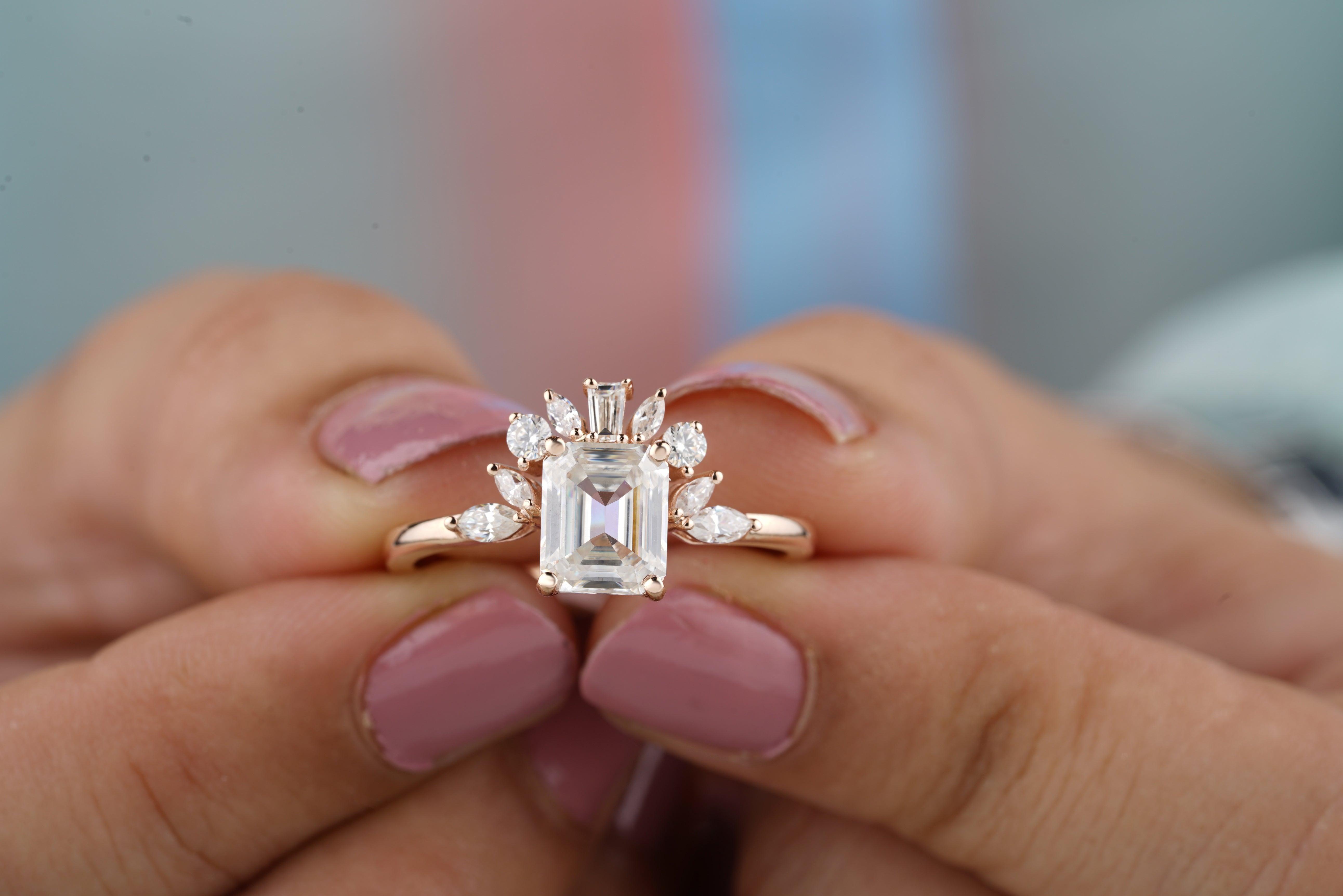 Antique Emerald Cut Cluster Moissanite Engagement Ring - Eurekalook