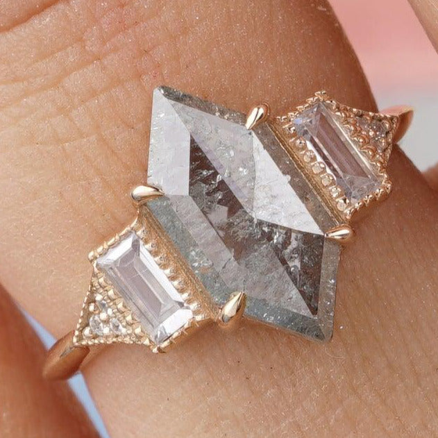 Hexagon Cut Salt and Pepper Diamond Engagement Ring - Eurekalook