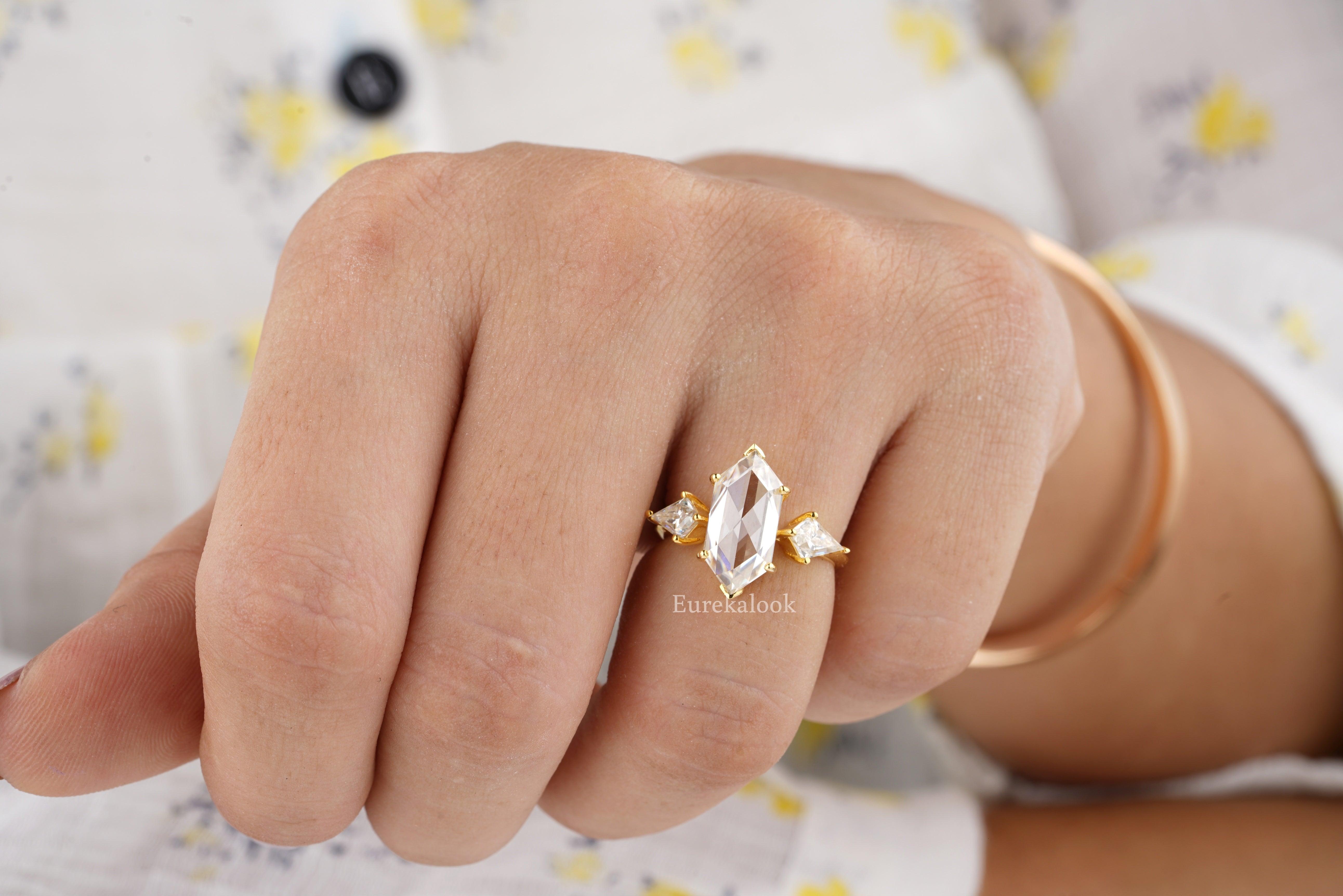 Classic Elongated Hexagon Cut Three Stone Wedding Ring – Eurekalook