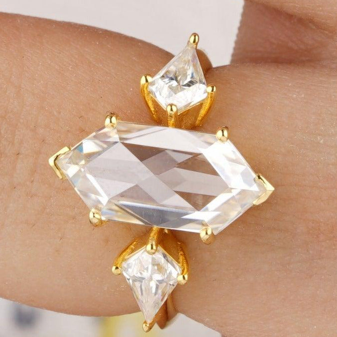 Classic Elongated Hexagon Cut Three Stone Wedding Ring - Eurekalook