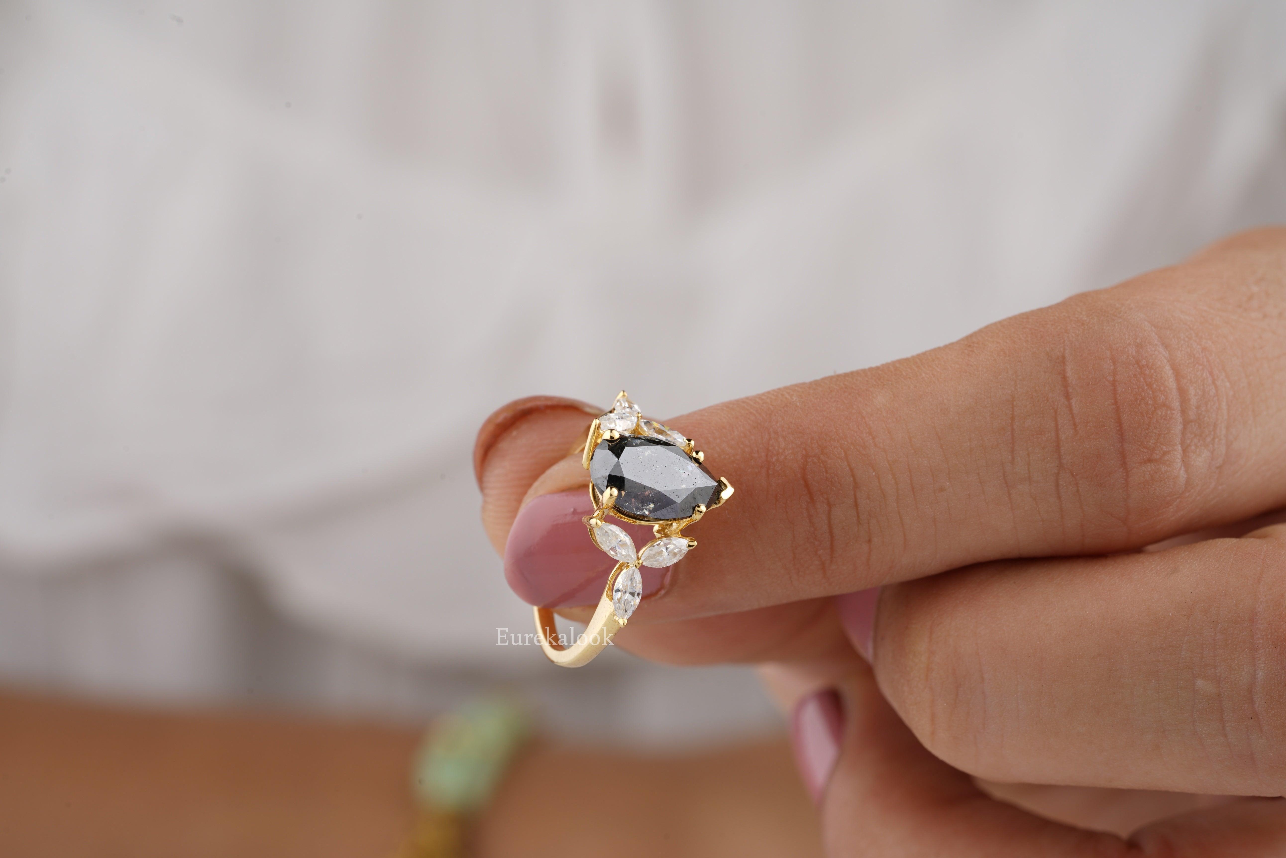 Pear-Cut Salt And Pepper Moissanite Cluster Wedding Ring - Eurekalook