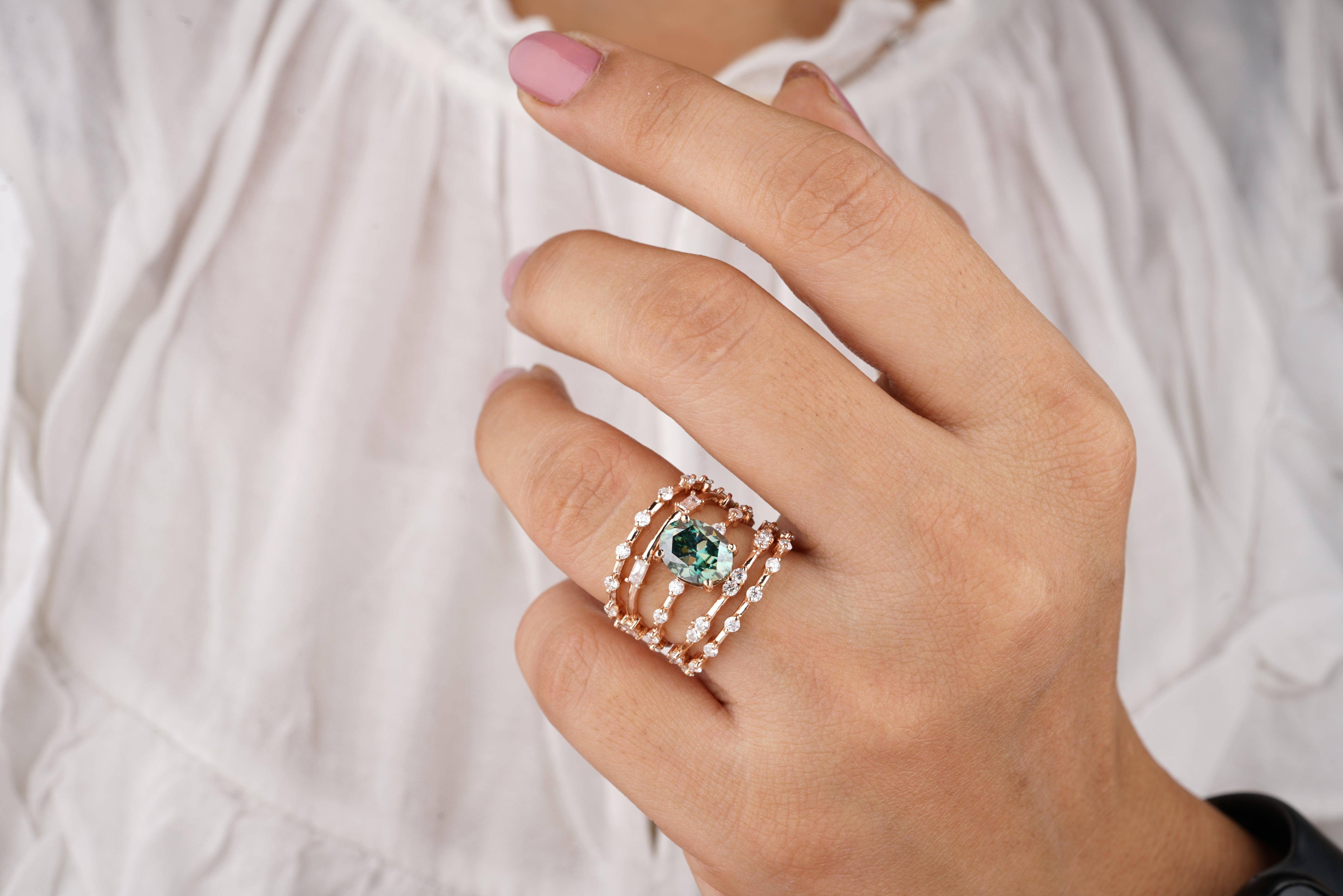Vintage 2CT Green Oval Cut Moissanite Wedding Ring - Eurekalook
