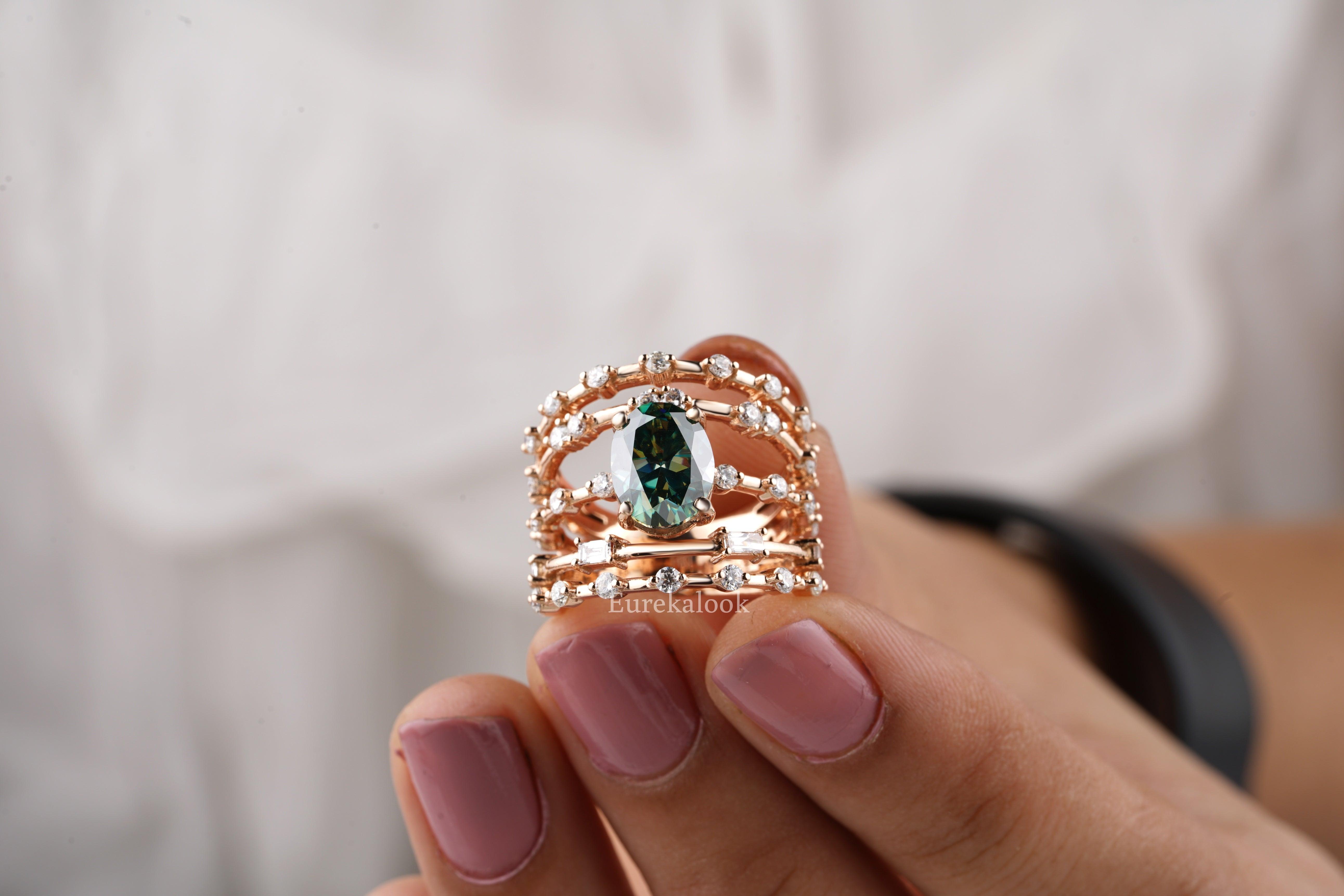 Vintage 2CT Green Oval Cut Moissanite Wedding Ring - Eurekalook