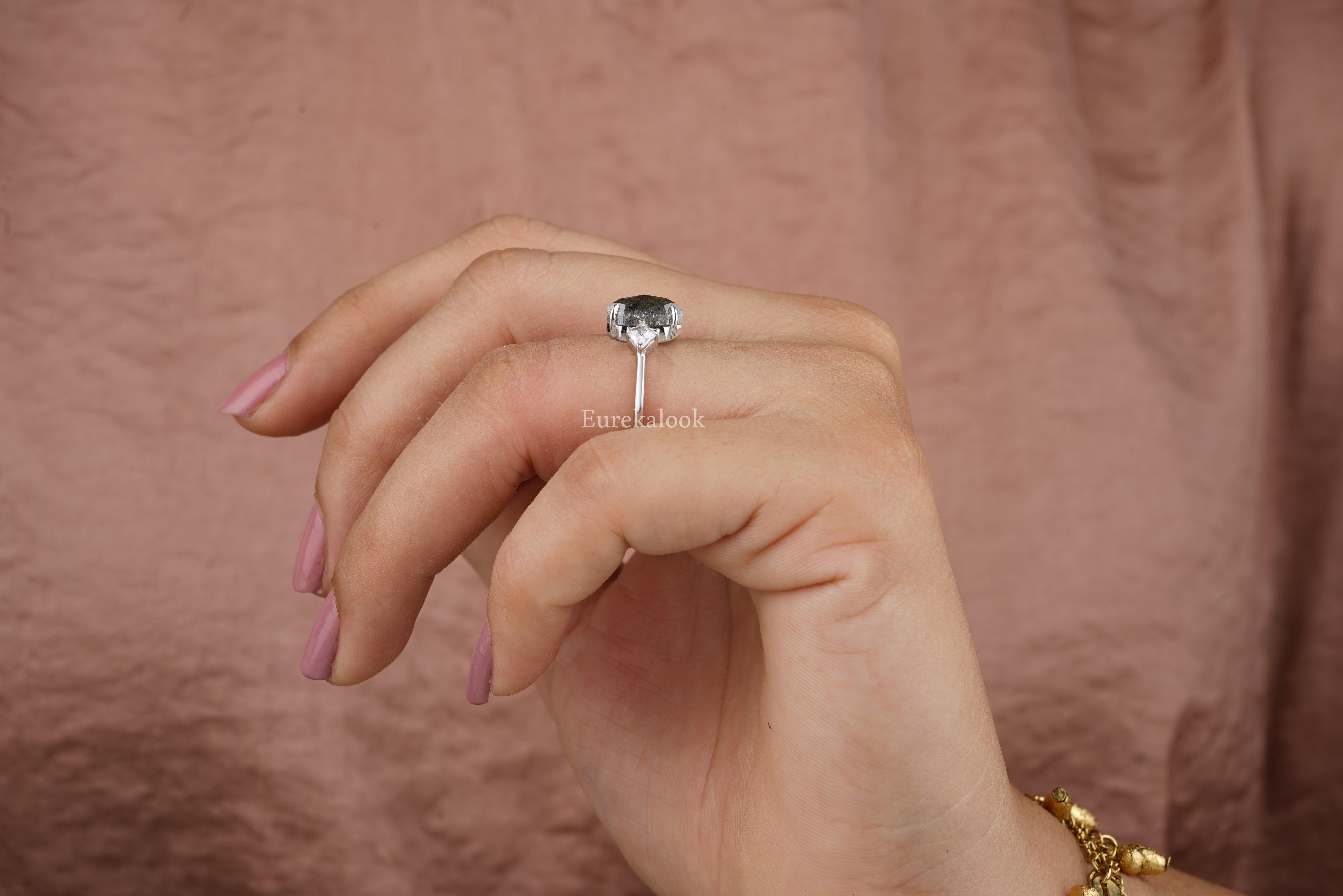 Three Stone Hexagon Cut Salt And Pepper Engagement Ring - Eurekalook