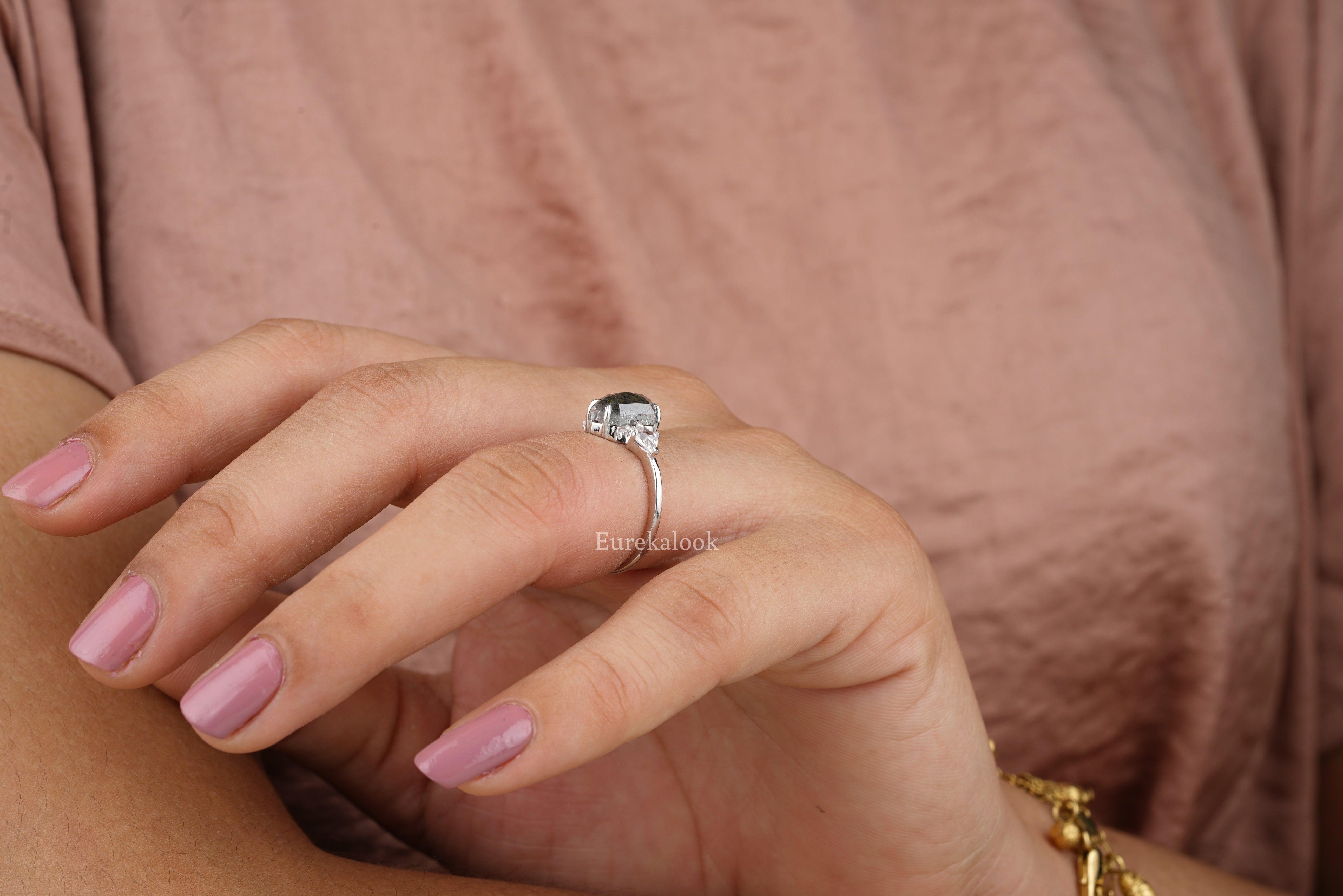 Three Stone Hexagon Cut Salt And Pepper Engagement Ring - Eurekalook
