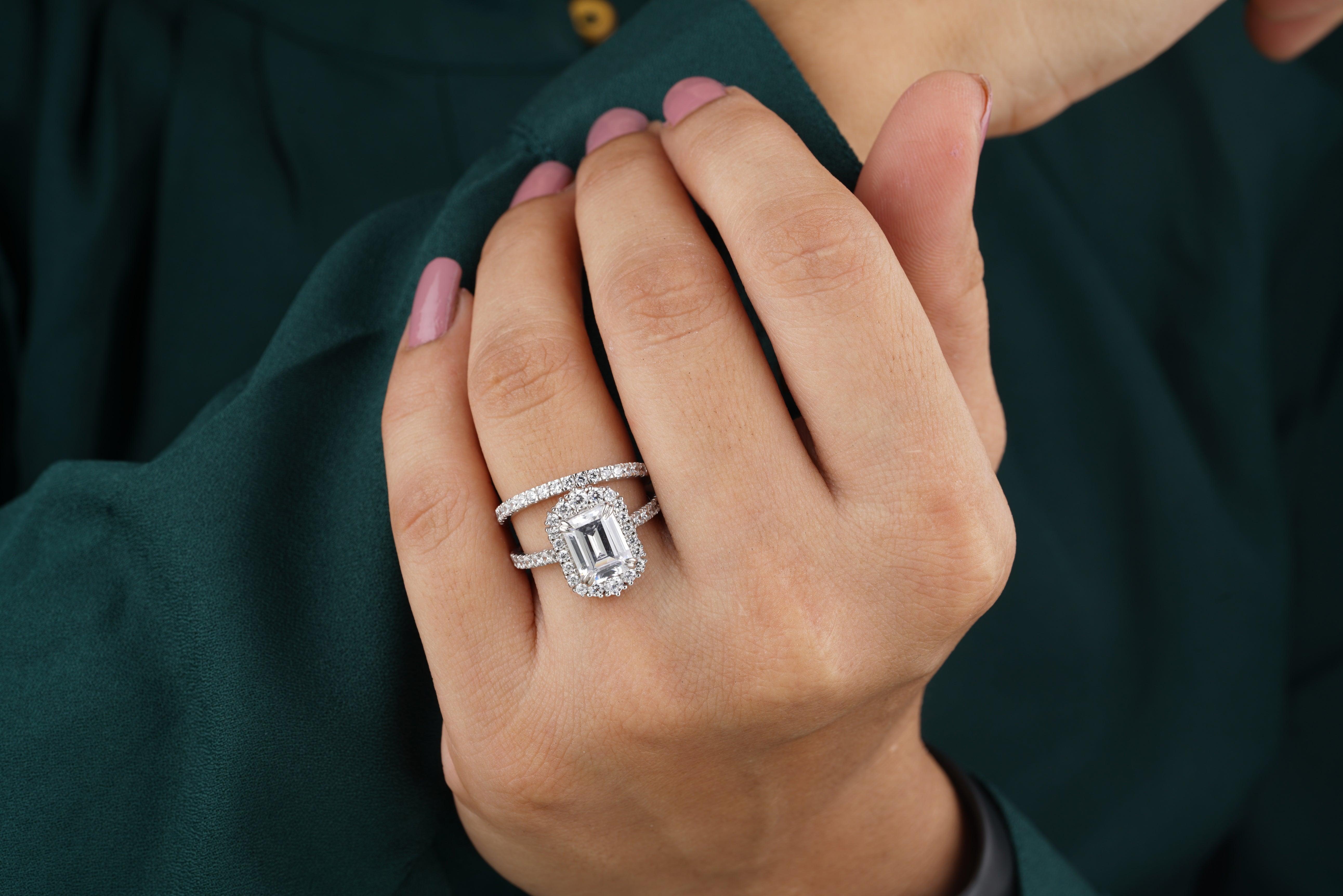 2.75 CT Emerald Cut Halo Ring Half Eternity Bridal Ring Set Eurekalook
