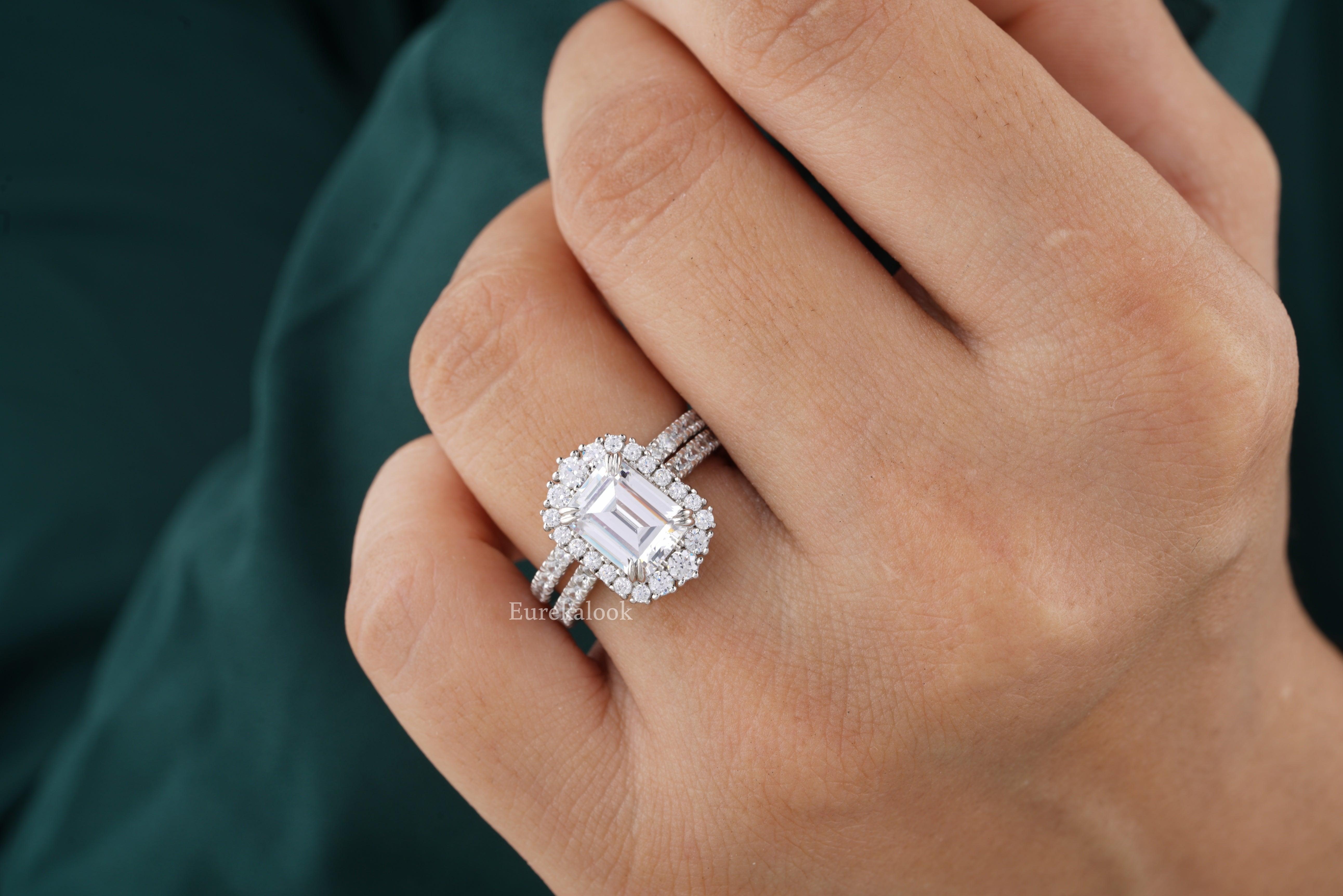 CT Emerald Cut Halo Ring Half Eternity Bridal Ring Set