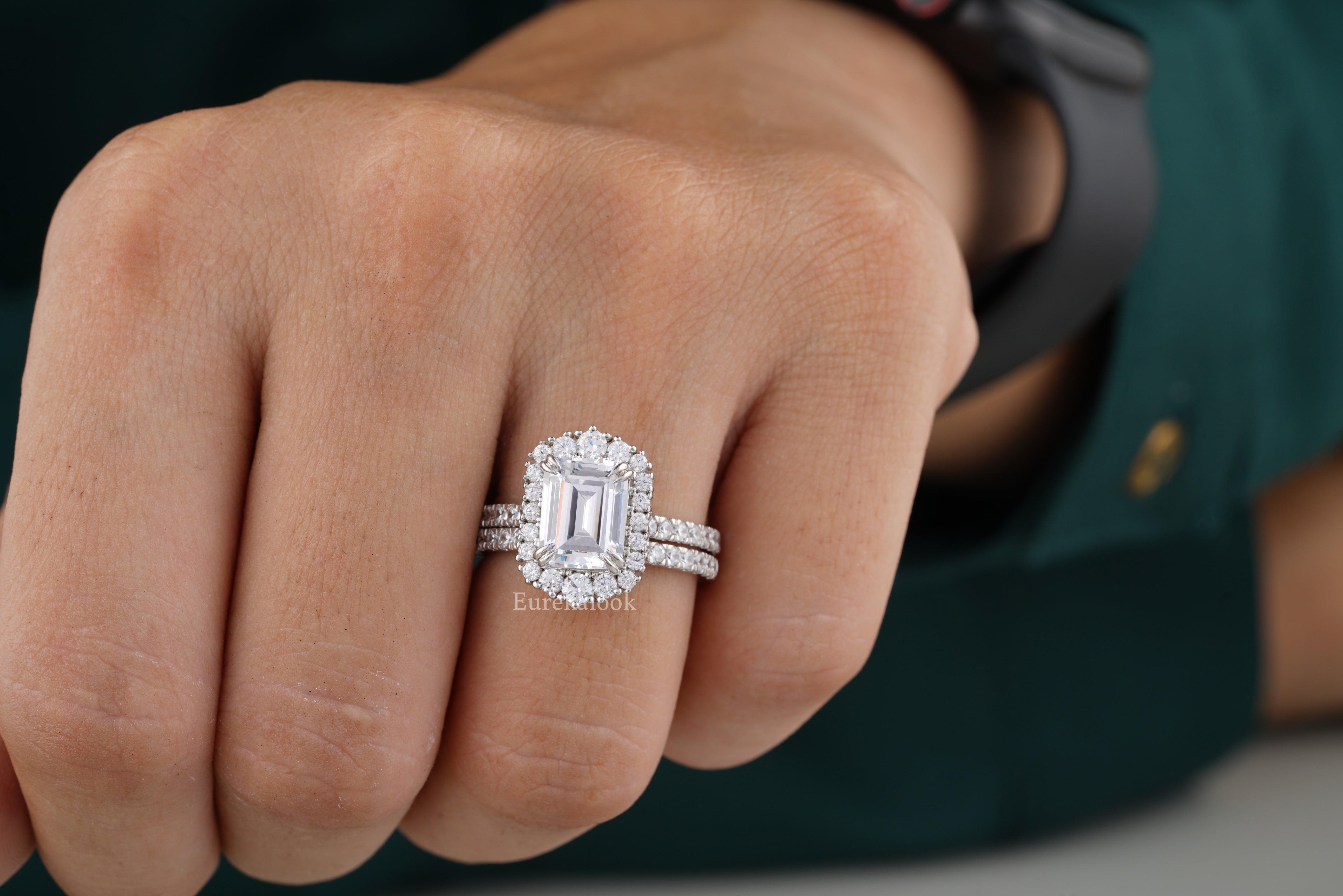 CT Emerald Cut Halo Ring Half Eternity Bridal Ring Set