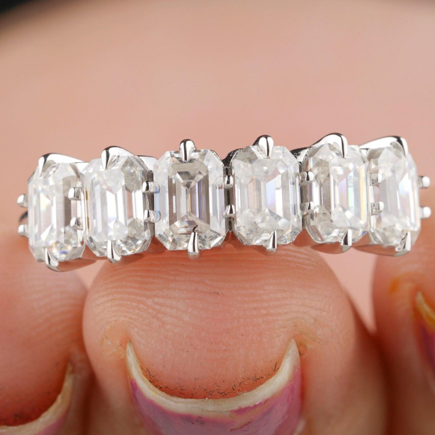 Antique Emerald Cut Moissanite Half Eternity Wedding Band - Eurekalook