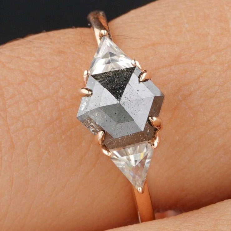 Antique Salt And Pepper Hexagon Cut Moissanite Engagement Ring - Eurekalook