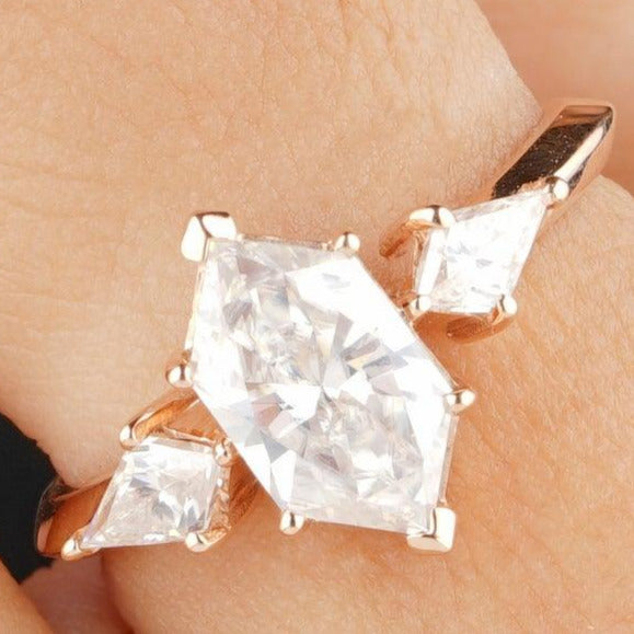 Unique Three Stone Elongated Hexagon Cut Moissanite Wedding Ring - Eurekalook