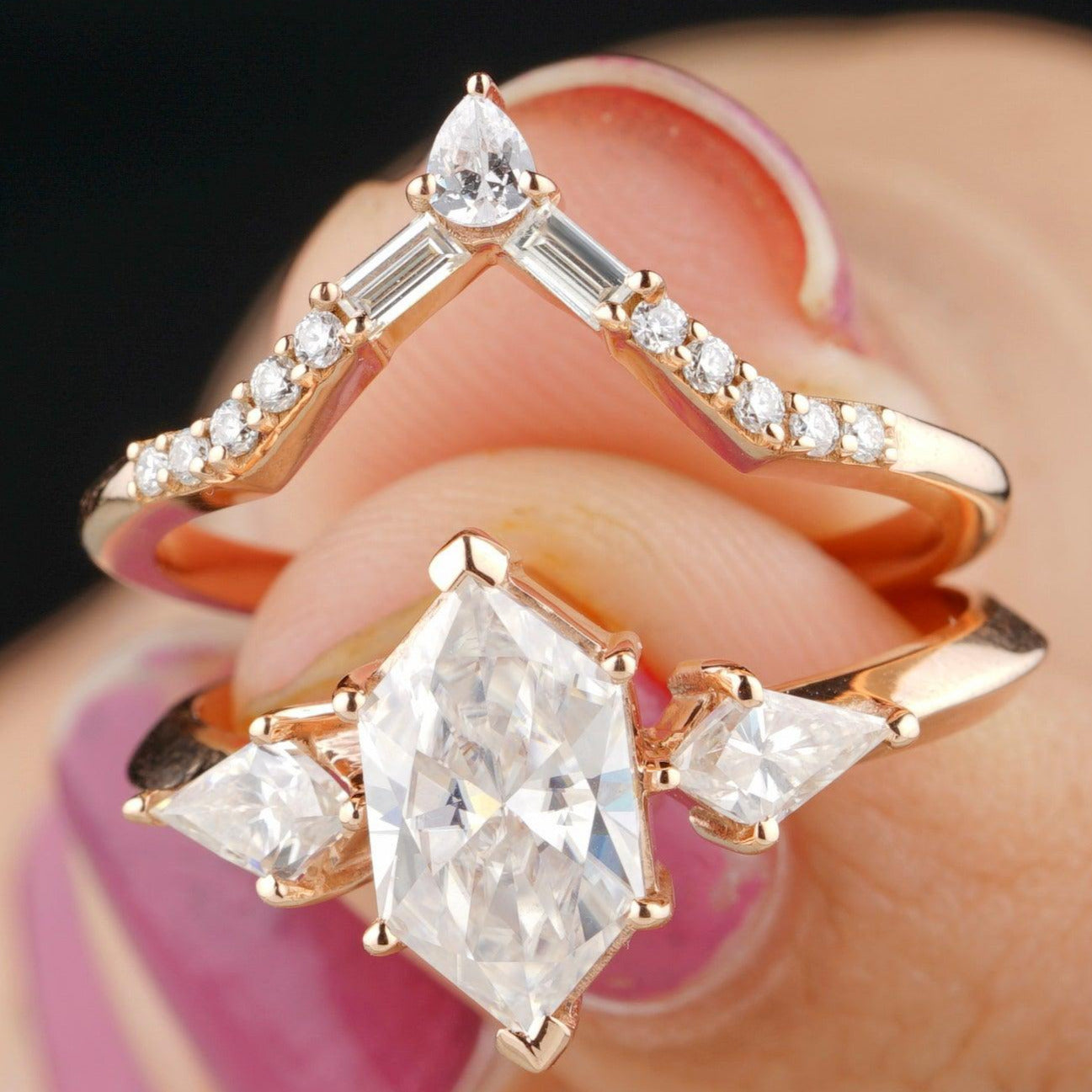 Antique Hexagon Cut Moissanite Diamond Bridal Ring Set - Eurekalook