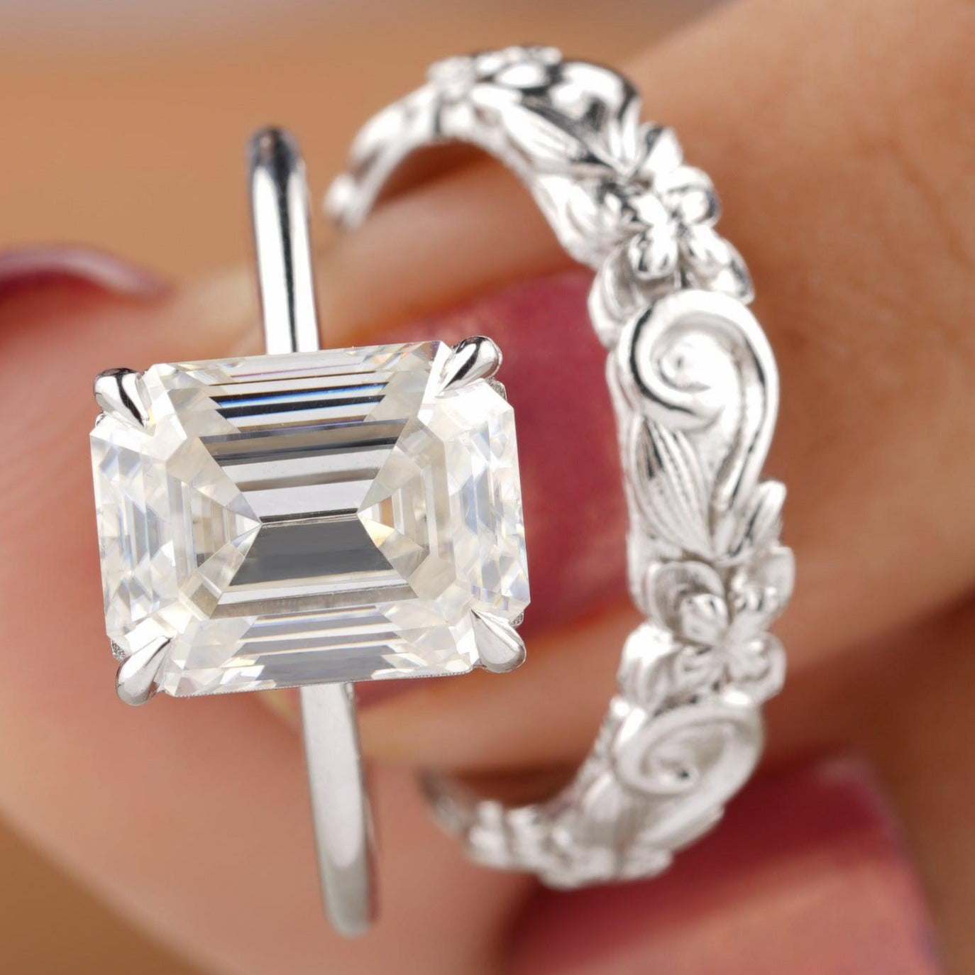 Unique Emerald Cut Moissanite Bridal Ring Set - Eurekalook