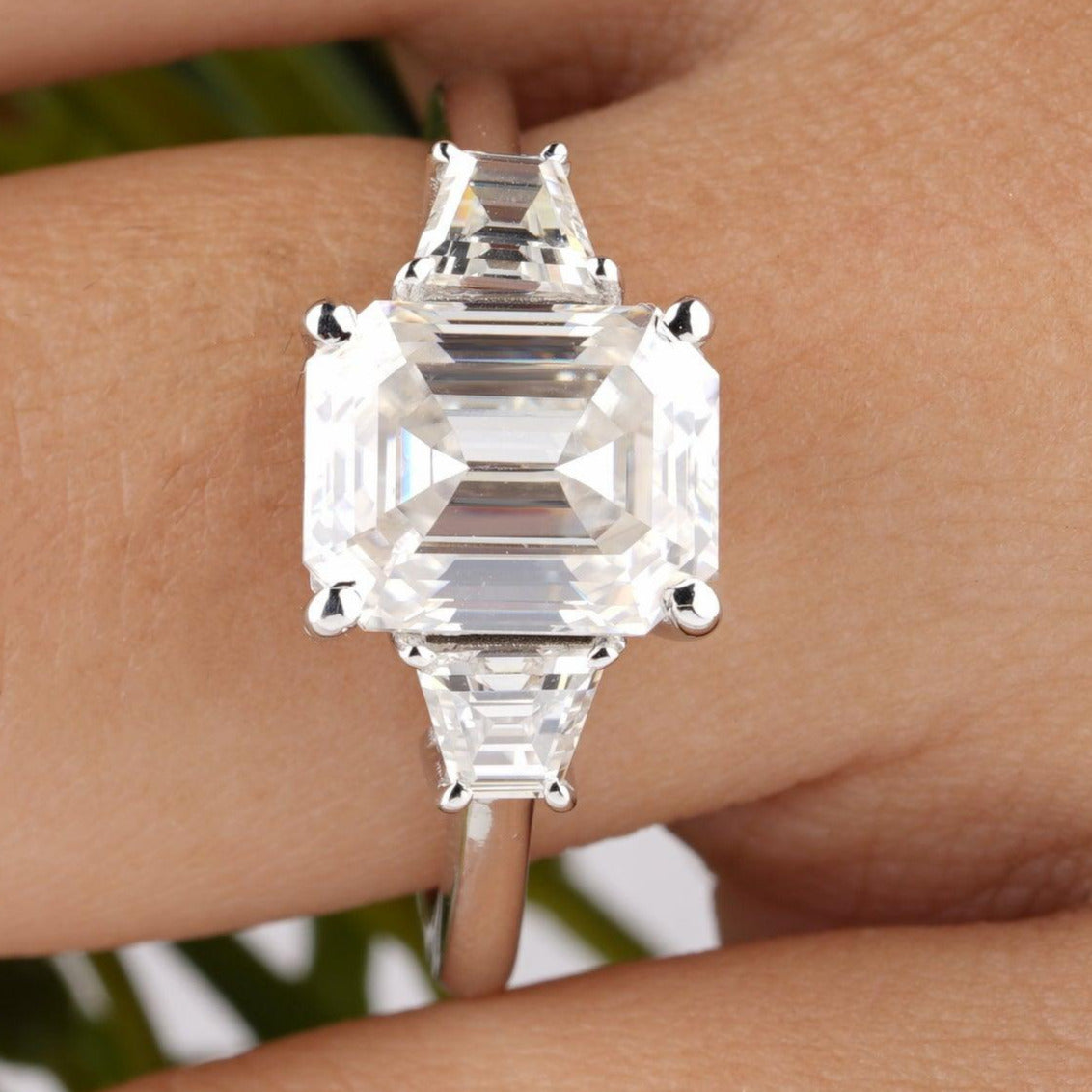 Three Stone Emerald Cut Moissanite Engagement Ring - Eurekalook