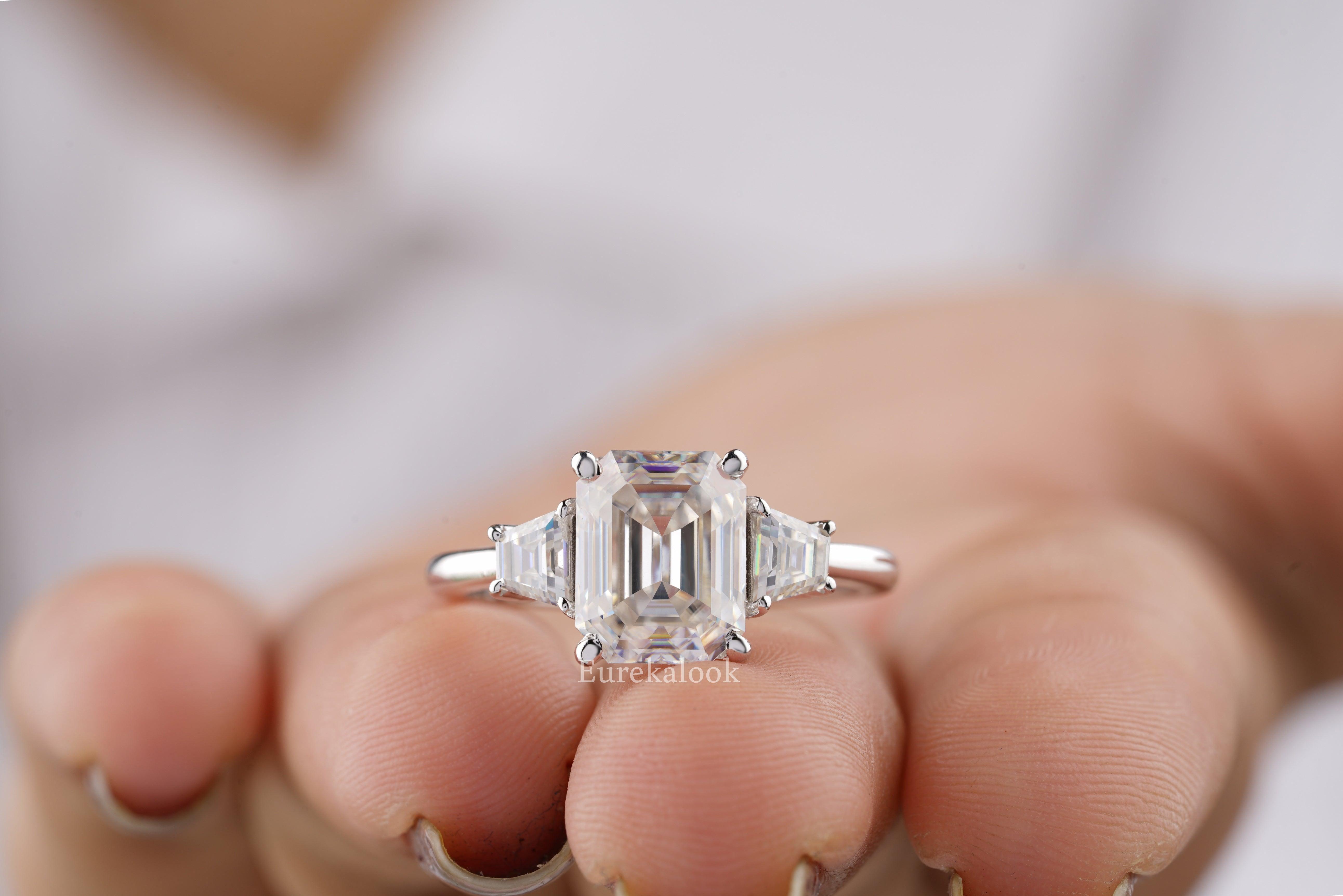 Three Stone Emerald Cut Moissanite Engagement Ring - Eurekalook