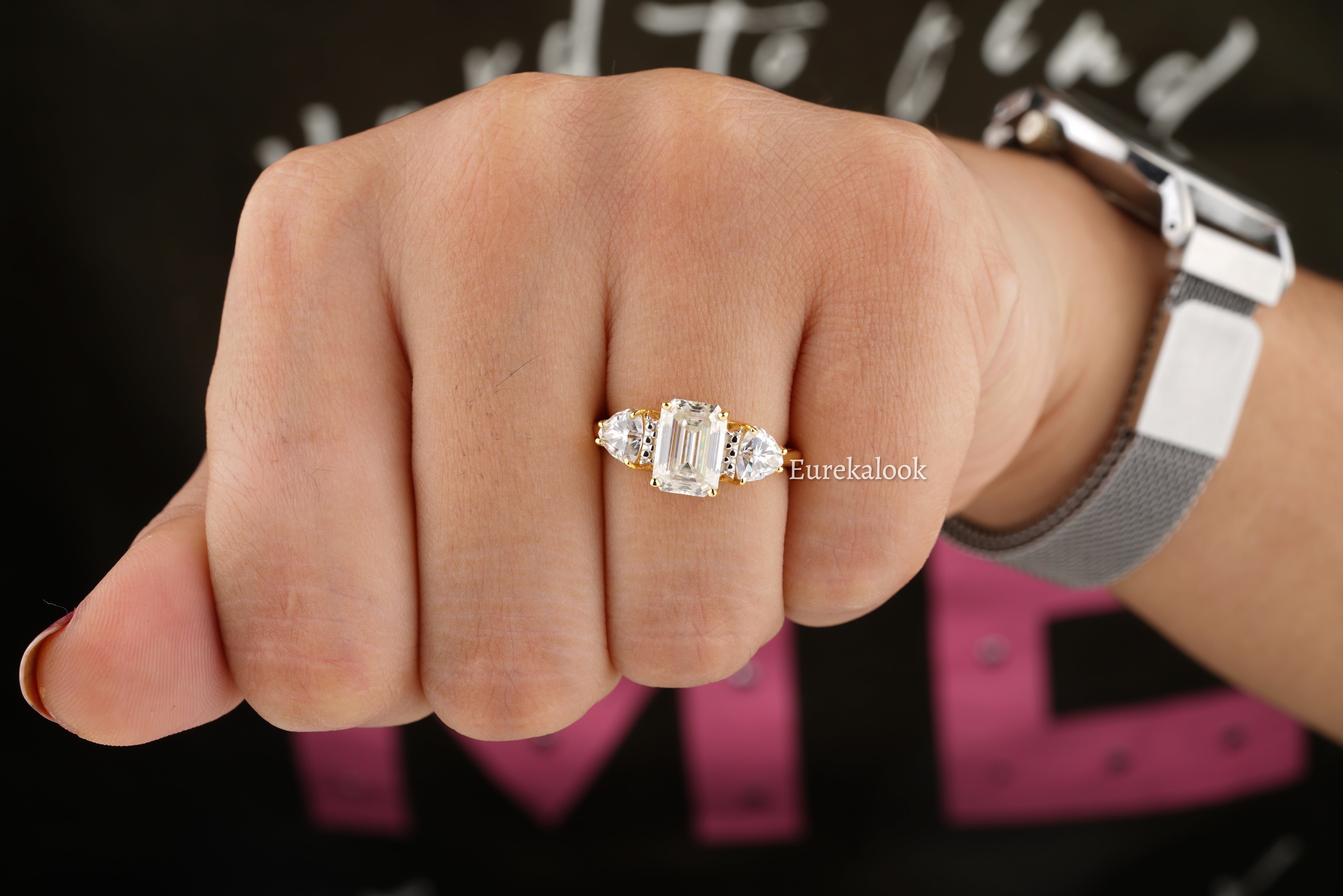 Vintage Three Stone Emerald Cut Moissanite Engagement Ring