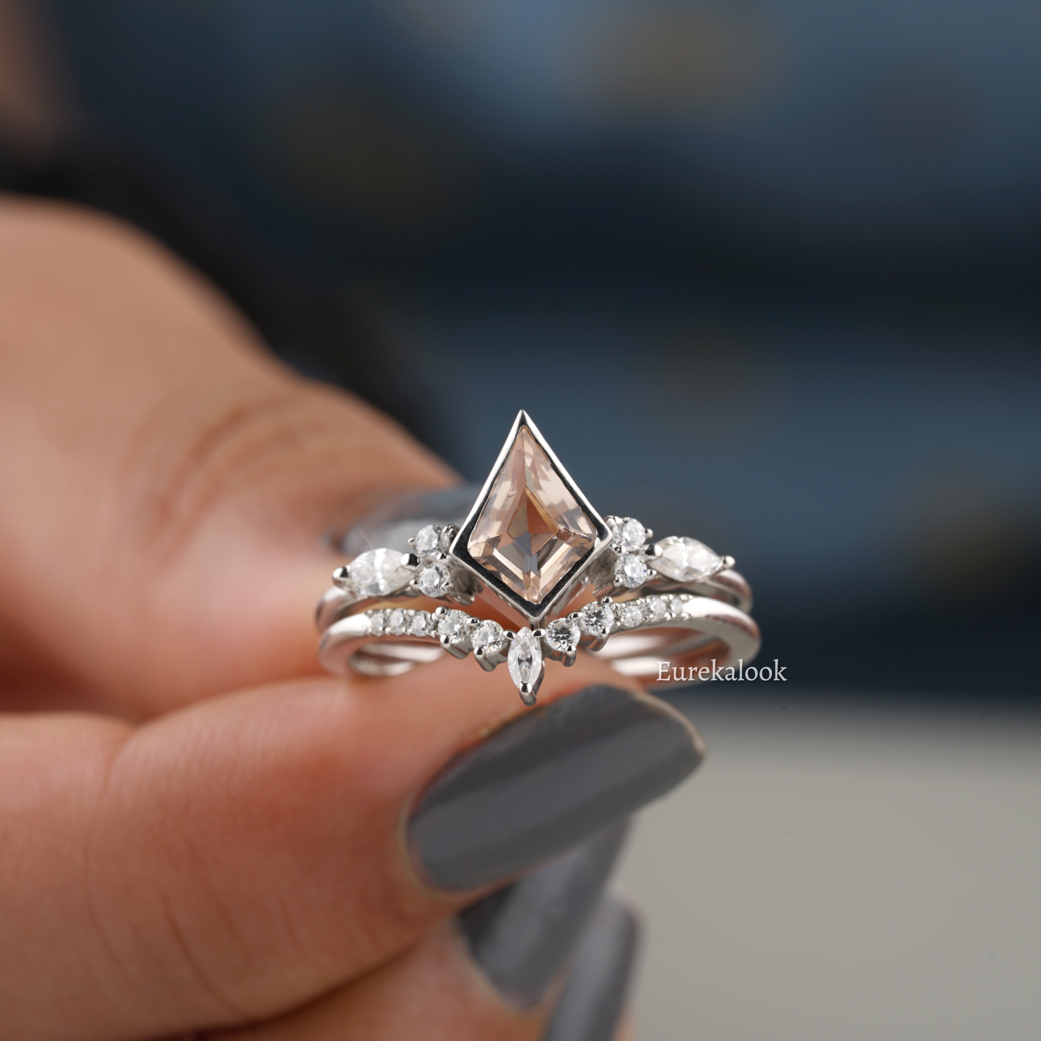 Unique Kite Cut Morganite Engagement Ring Set - Eurekalook