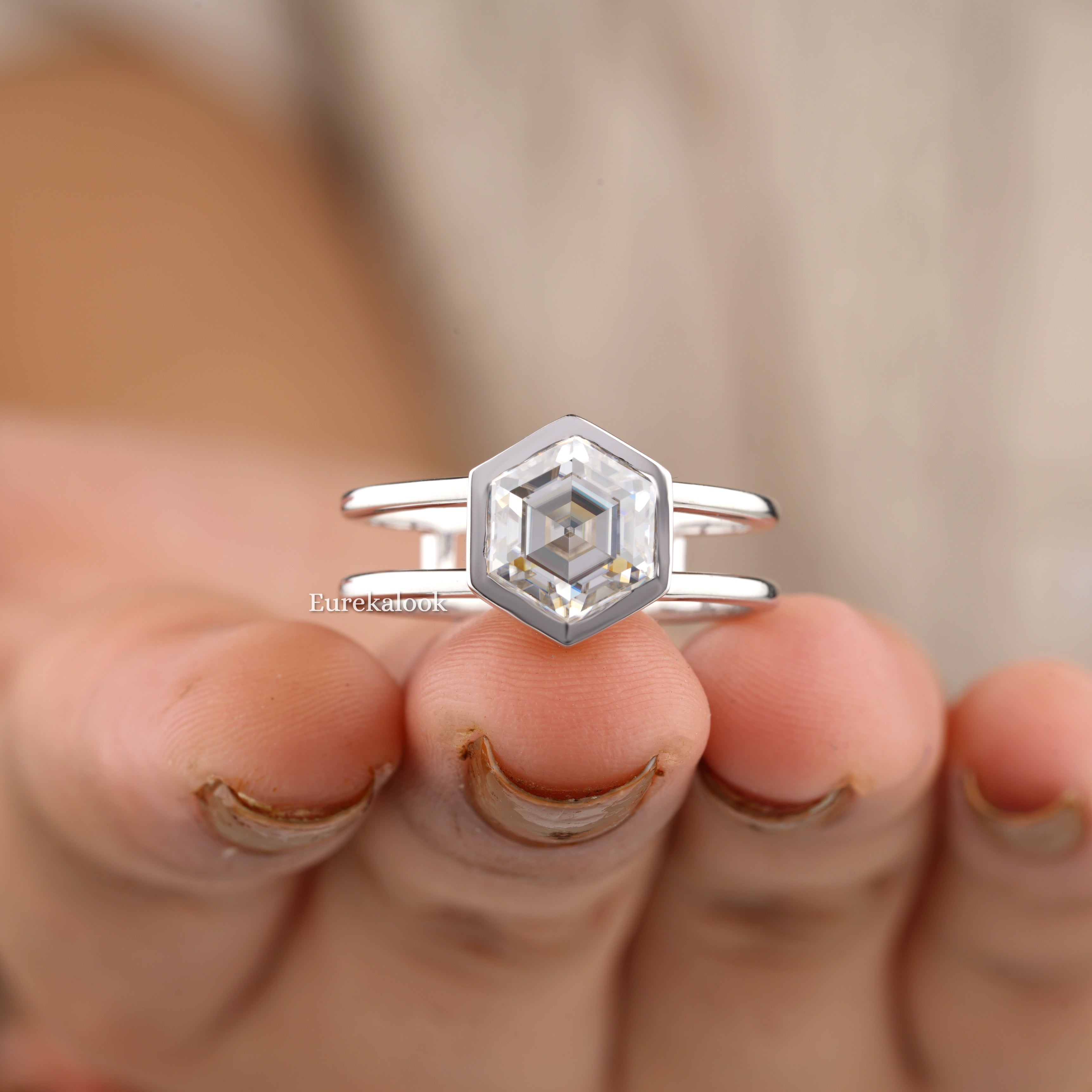 Hexagon Cut Moissanite Double Shank Engagement Ring - Eurekalook