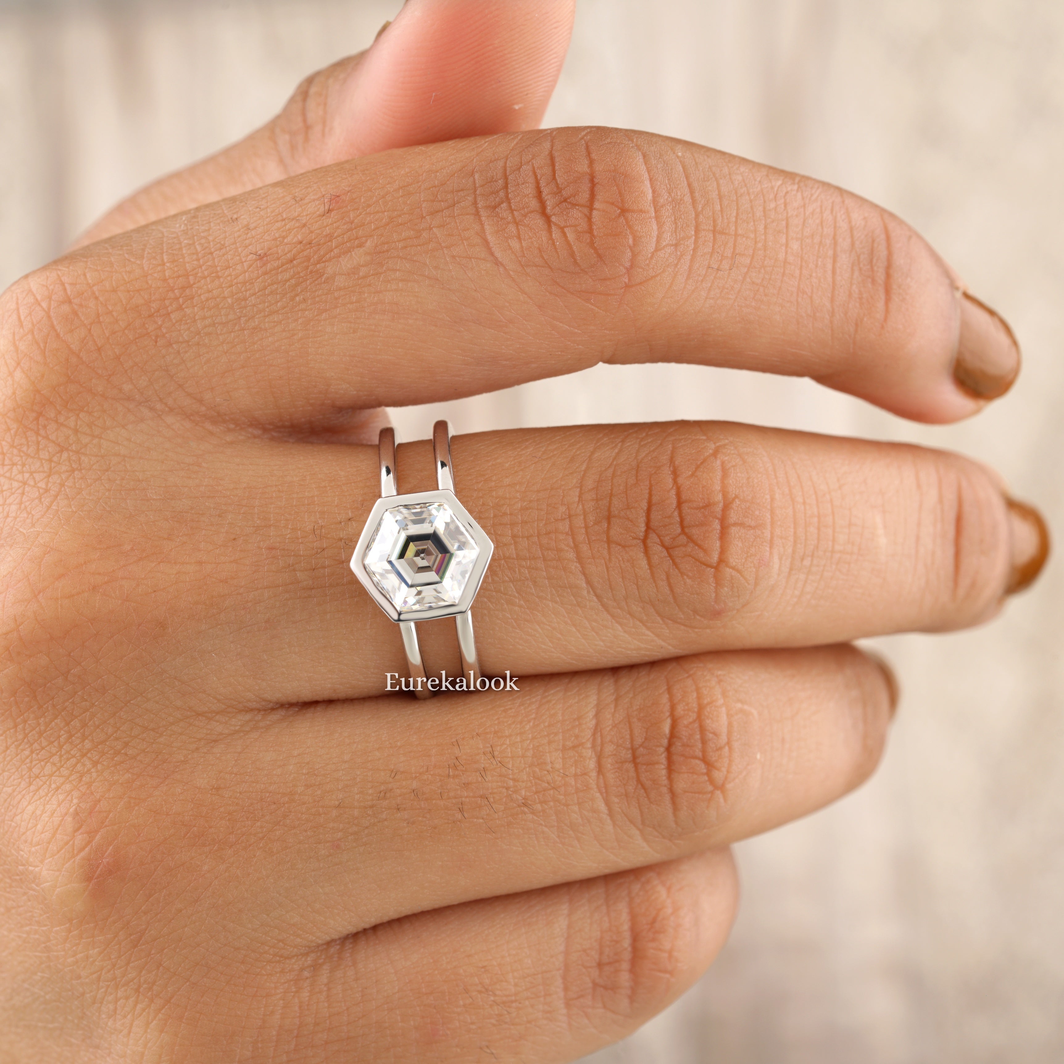 Hexagon Cut Moissanite Double Shank Engagement Ring - Eurekalook
