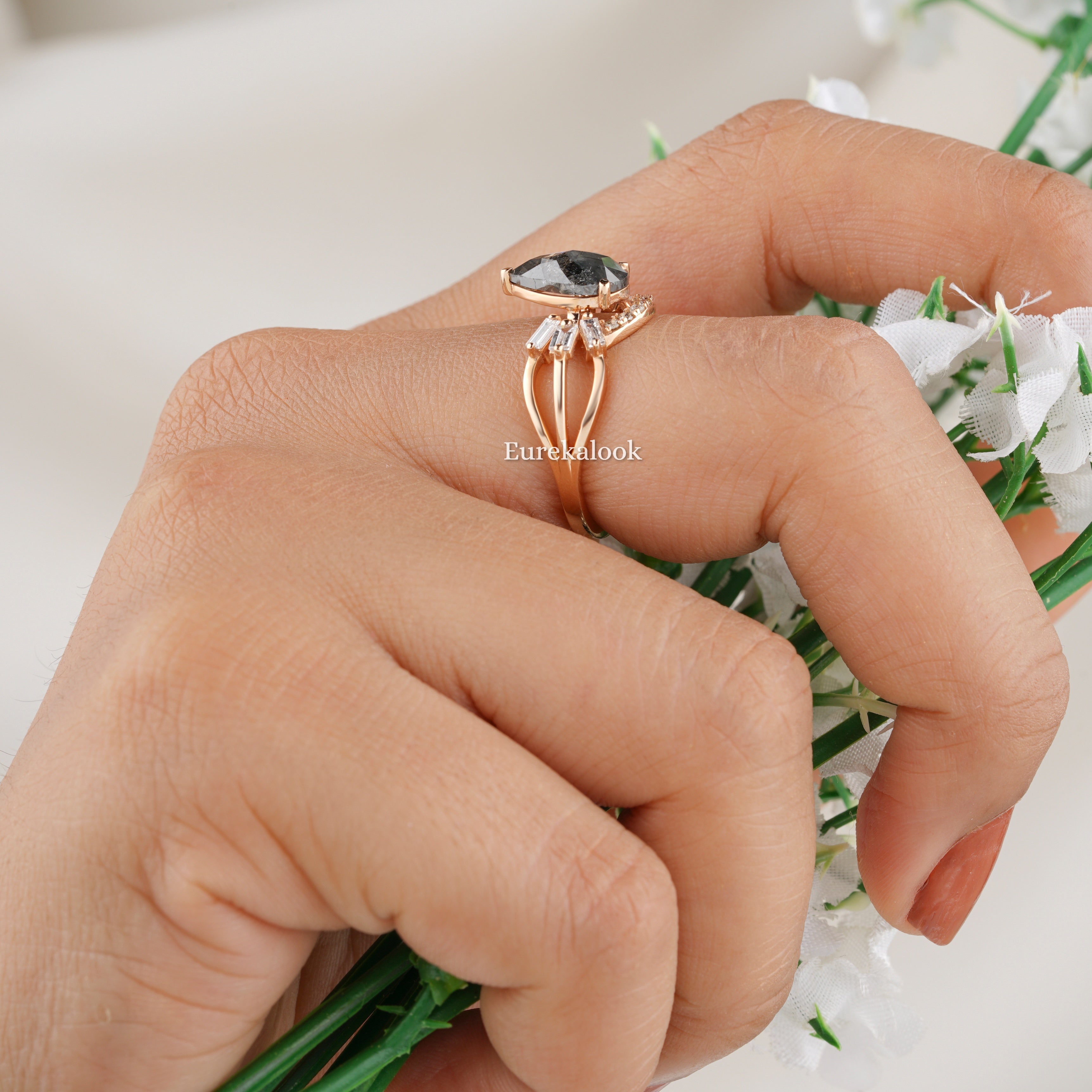 Pear Cut Salt And Pepper Diamond Wedding Ring Set - Eurekalook