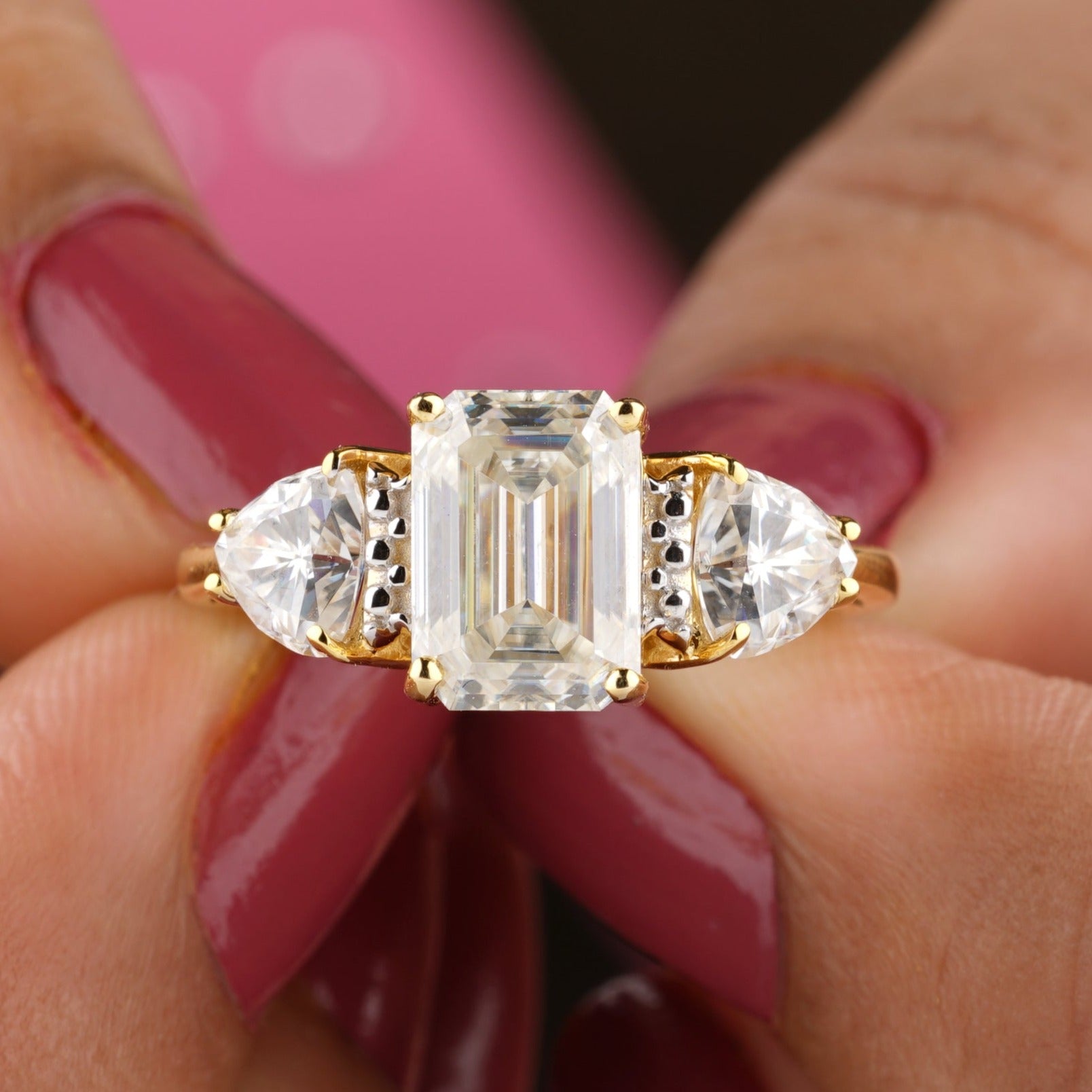 Vintage Three Stone Emerald Cut Moissanite Engagement Ring - Eurekalook