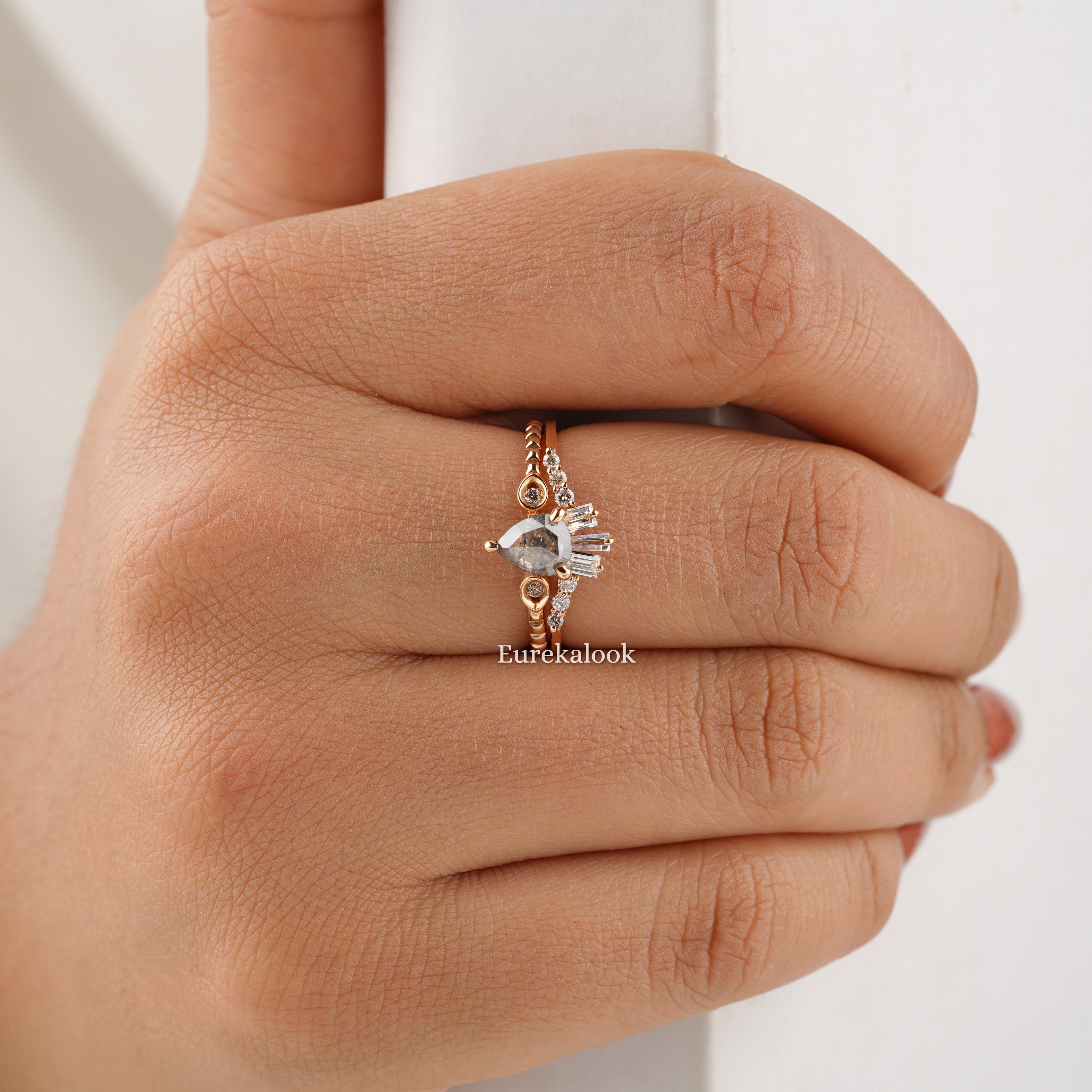 Pear Shaped Salt and Pepper Diamond Wedding Ring Set - Eurekalook