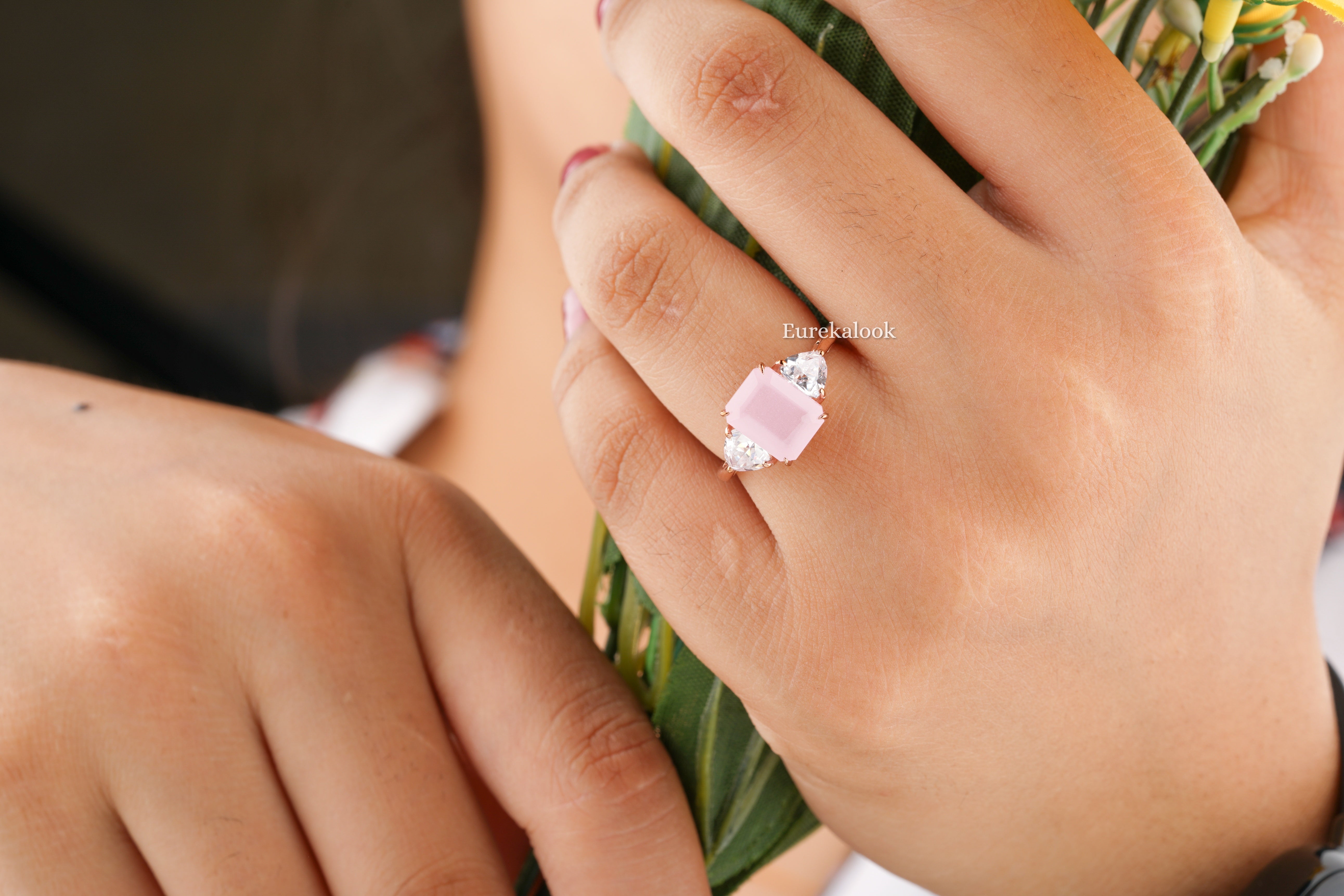 Emerald Cut Rose Quartz  Engagement Ring - Eurekalook