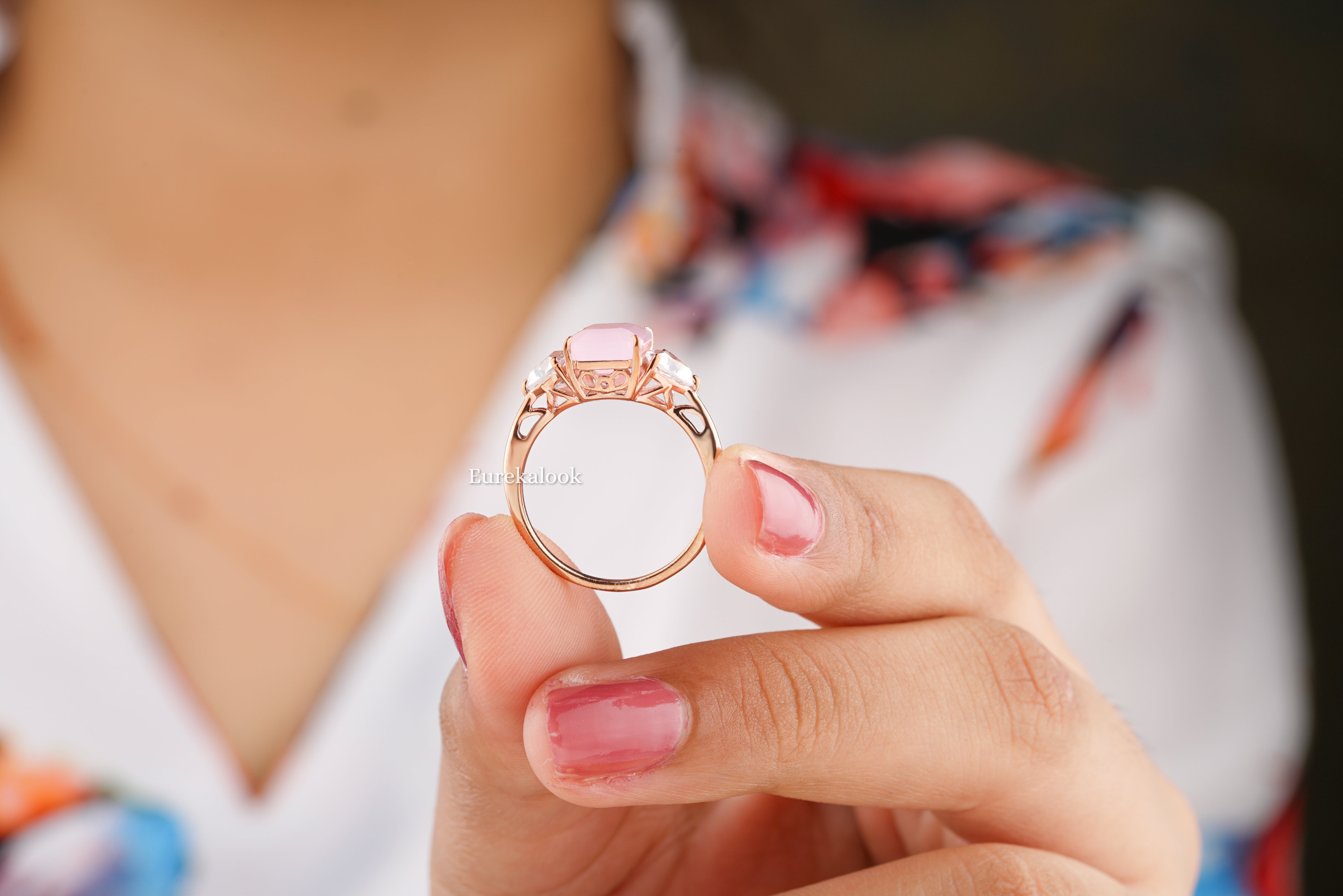 Emerald Cut Rose Quartz  Engagement Ring - Eurekalook