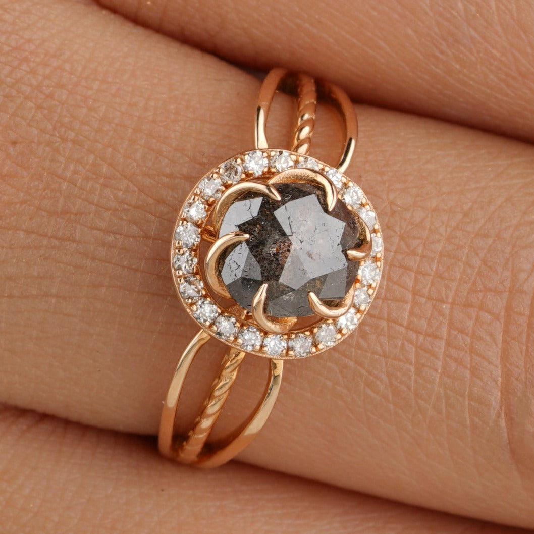Art Deco Round Cut Salt and Pepper Diamond Engagement Ring - Eurekalook