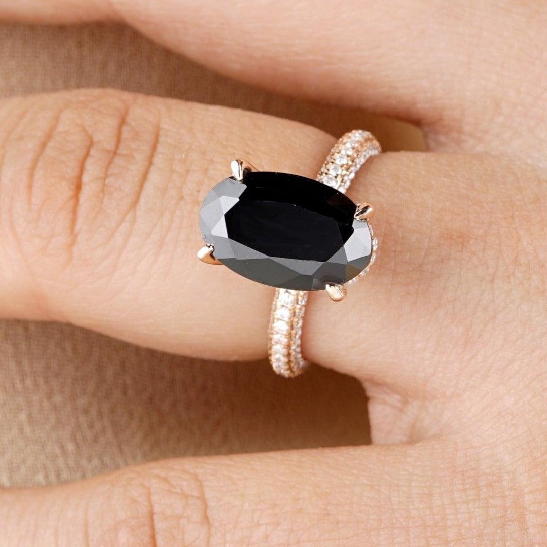 Elongated Oval Cut Black Onyx Diamond Wedding Ring - Eurekalook