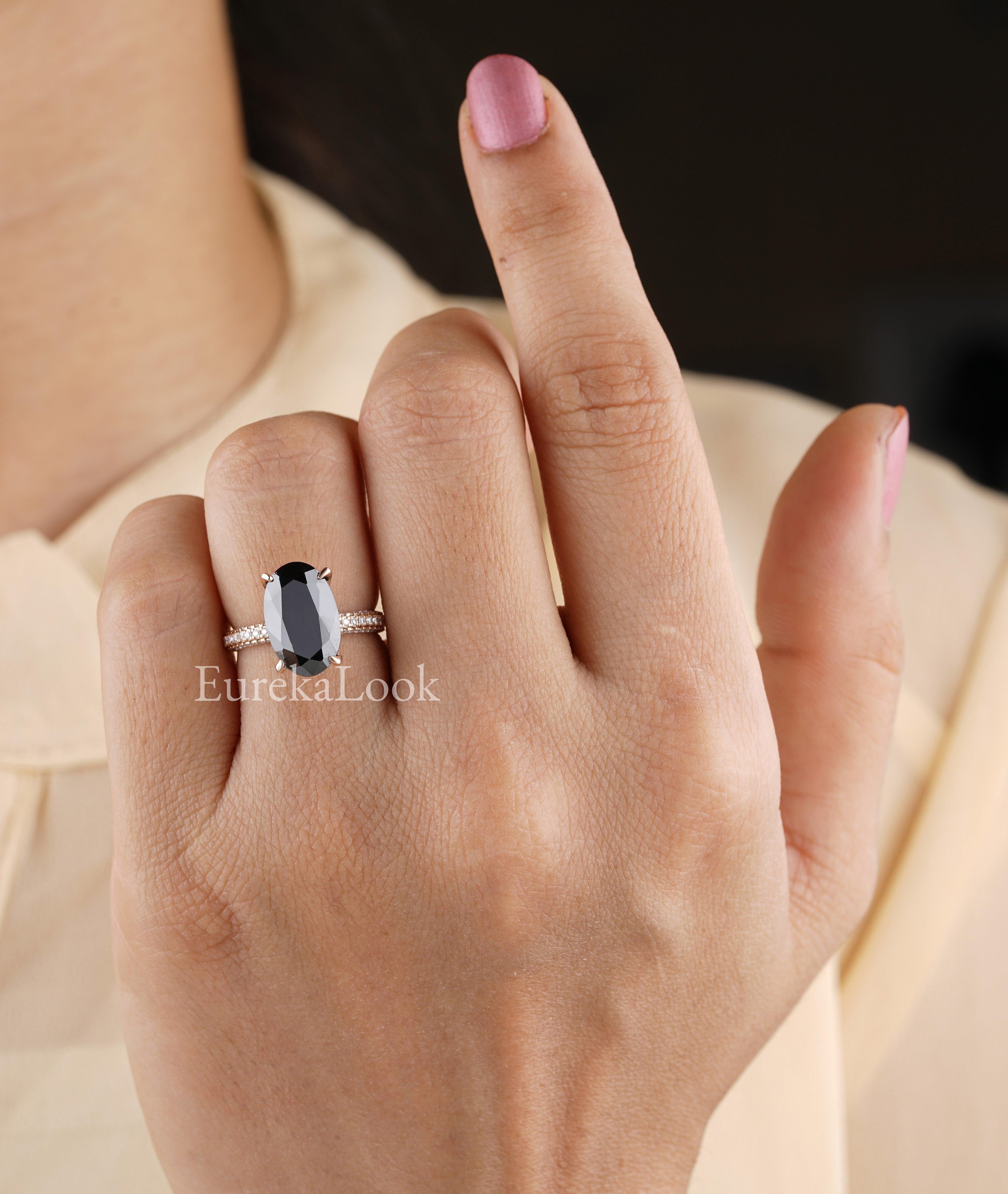 Elongated Oval Cut Black Onyx Diamond Wedding Ring - Eurekalook