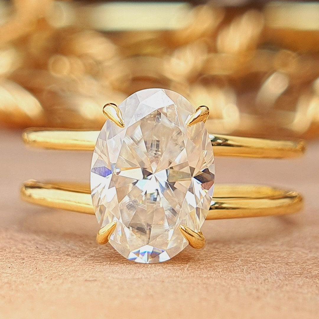 Yellow Gold Double Band Oval Cut Moissanite Bridal Ring - Eurekalook