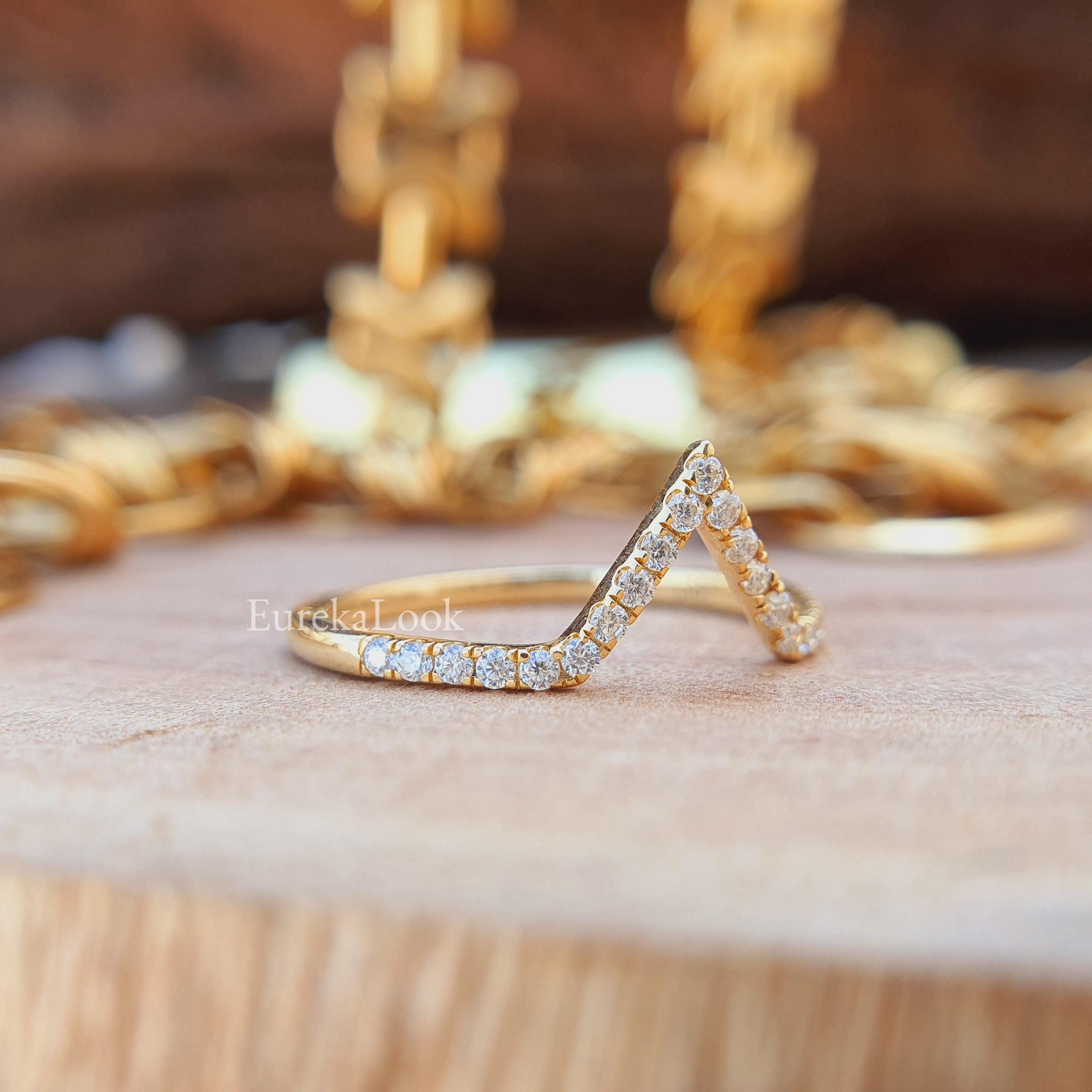 Yellow Gold V-Shaped Colorless Moissanite Wedding Band - Eurekalook